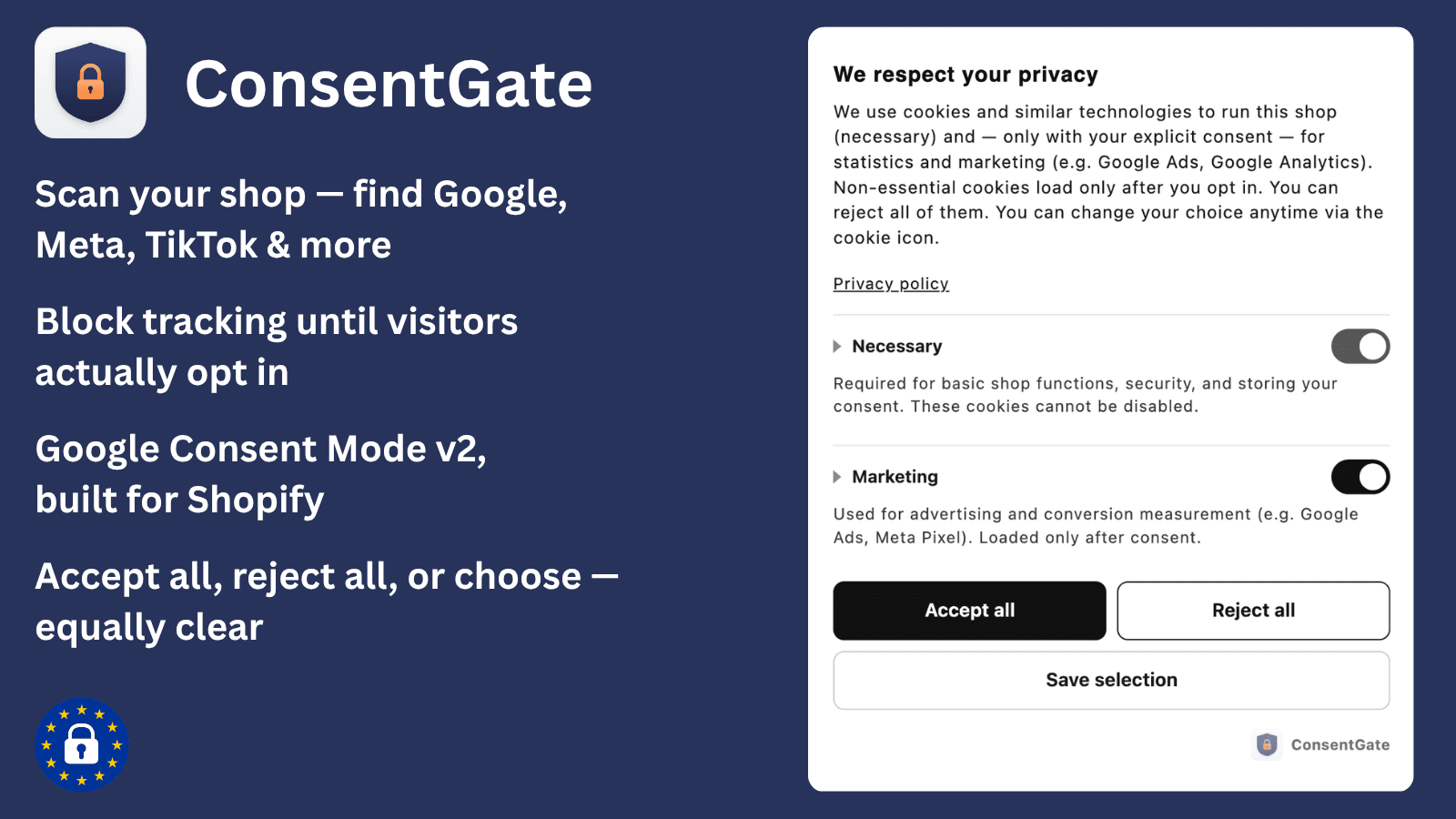 ConsentGate Banner auf der Website: Akzeptieren, Ablehnen, Auswahl.