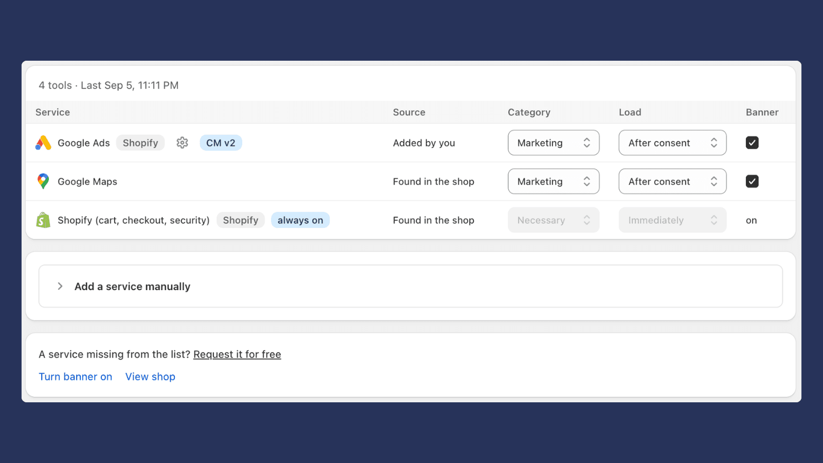 ConsentGate Dienste: Google Ads, Maps und Shopify mit Kategorie und Lade-Regel.